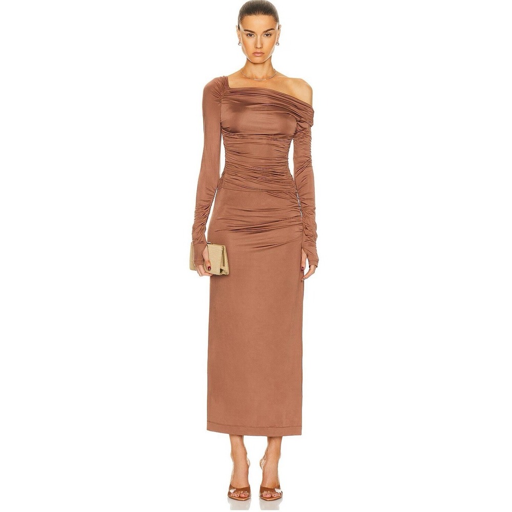 Helmut Lang Off-The-Shoulder Ruched Maxi Dress.‎ Copper. Satin Size Large. NWT